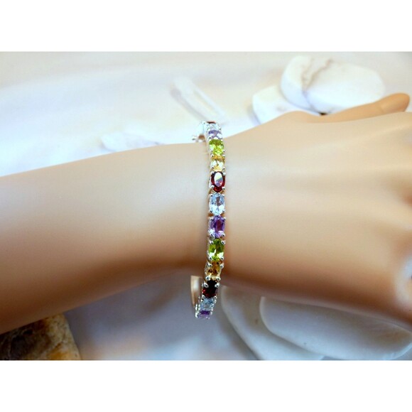 Sterling Silver Multi Gemstone Bangle Bracelet Safety Lock Excellent - Picture 3 of 7
